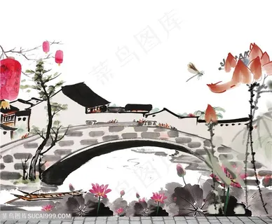国画小桥风光插画图片