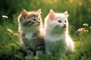 两只幼猫在草丛里玩耍摄影图