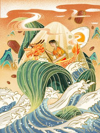 国潮风中国传统节日端午节赛龙舟粽子场景插画海报PSD设计素材