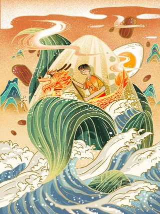国潮风中国传统节日端午节赛龙舟粽子场景插画海报PSD设计素材