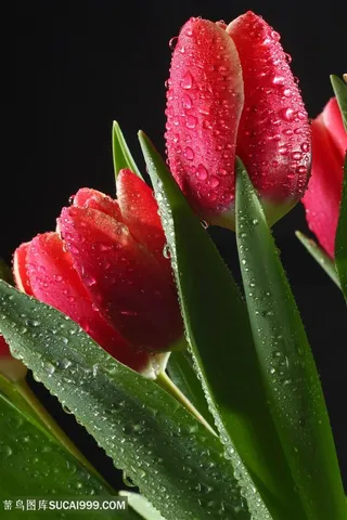 高清唯美带水珠红色郁金香鲜花图片