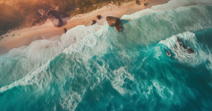 海岸边海浪为背景的海滩场景航空摄影图(4560x2400)