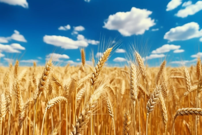 蓝天白云下成熟麦子近景高清细节摄影图