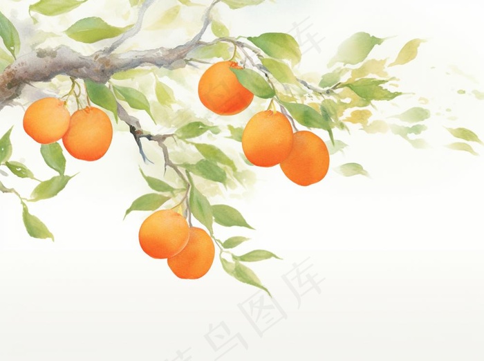 秋季柿子挂枝头橙子水彩国风插画背景(1264x944)