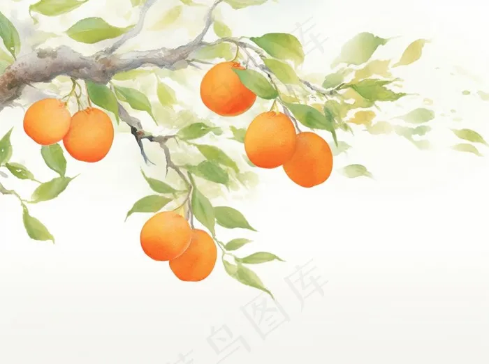 秋季柿子挂枝头橙子水彩国风插画背景(1264x944)