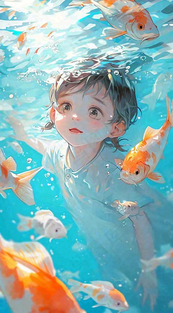 夏天泳池游泳少年儿童手绘插画，夏至小暑(816x1472)