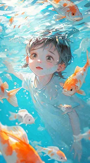夏天泳池游泳少年儿童手绘插画，夏至小暑