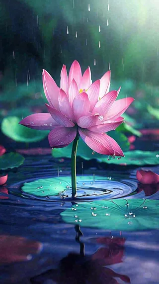 夏天下雨池塘里盛开的荷花特写，立夏，夏至