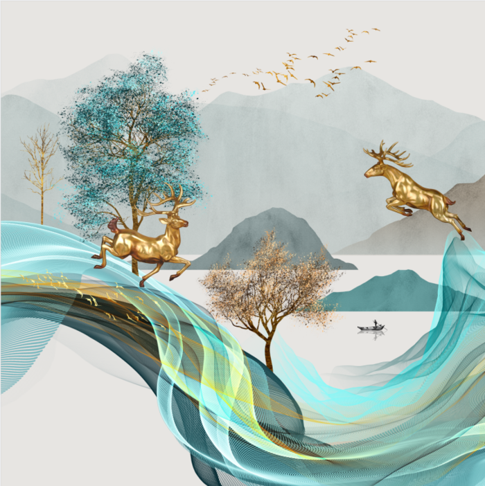 轻奢北欧现代简约招财麋鹿福禄双全一帆风顺波浪波纹装饰画玄关画酒店客厅