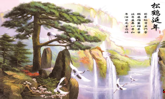 中国风山水花鸟松树丹顶鹤瀑布客厅卧室玄关画酒店装饰画壁画挂画 中国风山水花鸟松树丹顶鹤瀑布客厅卧室玄关画酒店装饰画壁画挂画