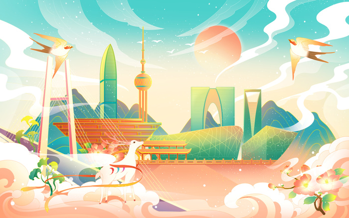 国潮地标建筑插画背景