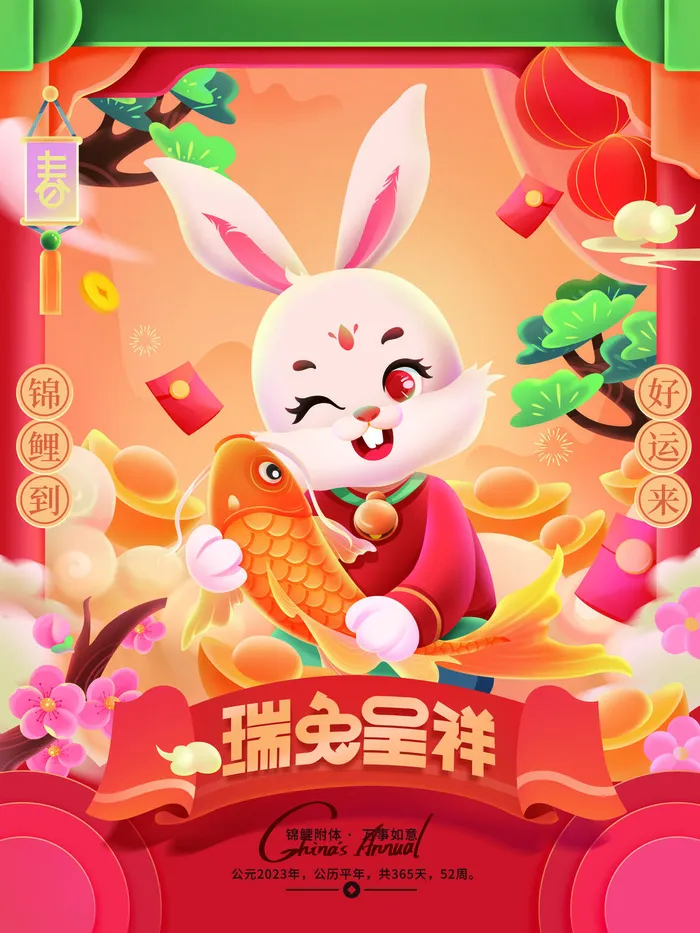 2023兔年新年春节喜庆中国风兔子活动营销海报模板PSD设计素材psd模版下载