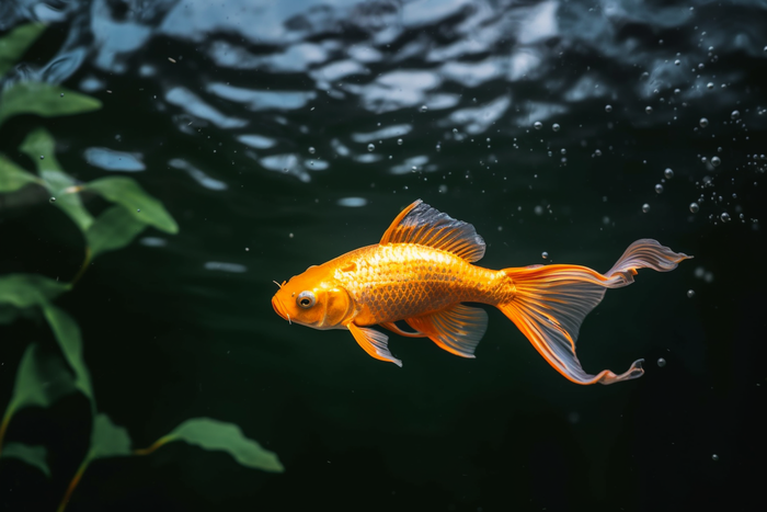 金鱼在池塘水里游曳水草摄影图