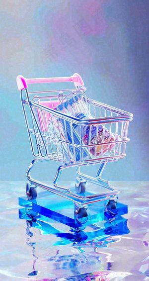 彩色奇幻渐变蓝紫粉色购物车手推车3D