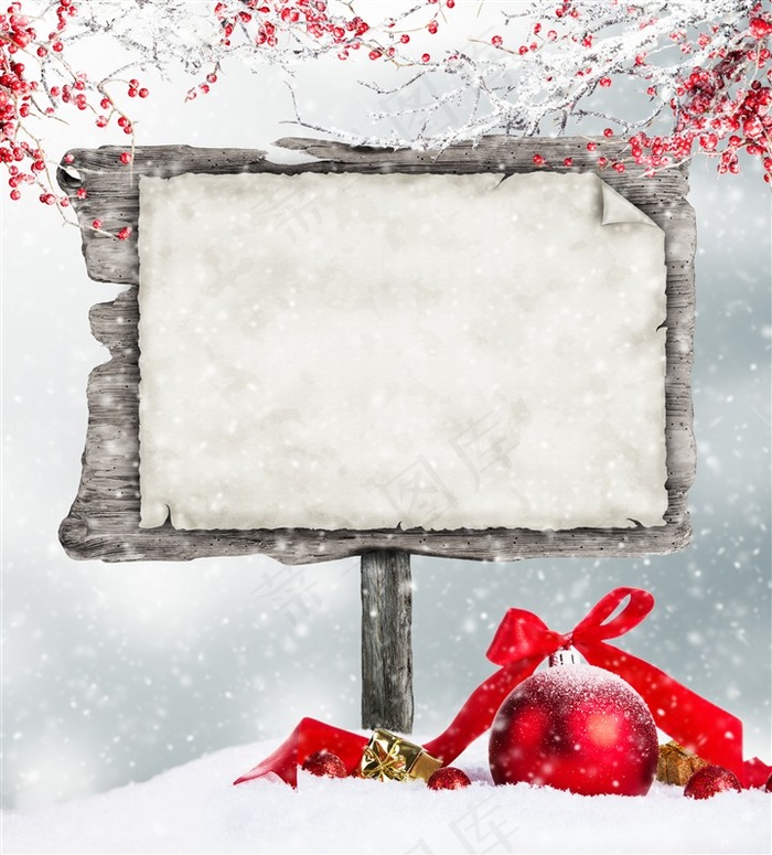 树立在雪地上的公告栏海报背景