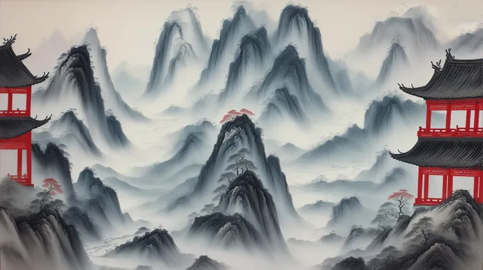 大气写意中国传统工笔画山水插画壁纸-群山小亭
