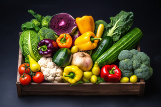 蔬菜木箱装满各种各样的蔬菜摄影图