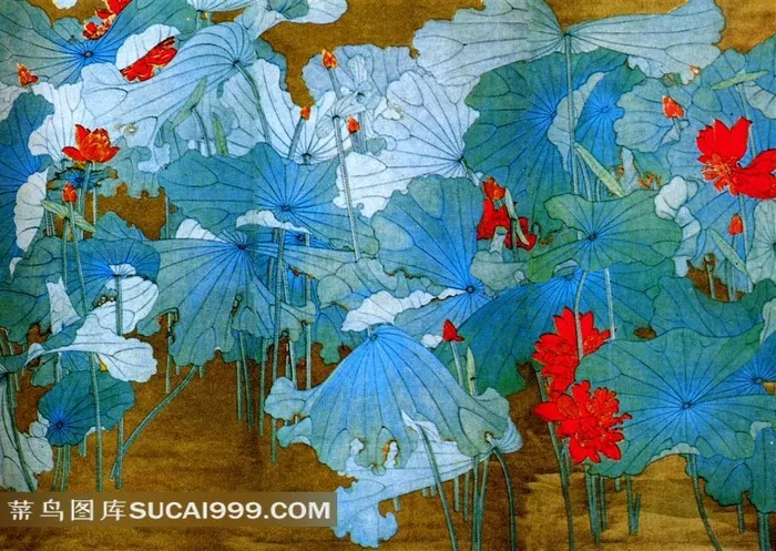 张大千国画作品--朱荷通景屏