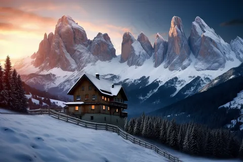 冬天山上小木屋森林高山白雪覆盖摄影图