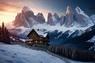 冬天山上小木屋森林高山白雪覆盖摄影图