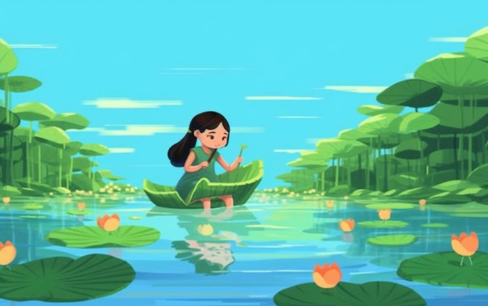 湖泊坐着睡莲上的人碧蓝插画背景(1376x864)
