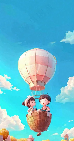 游玩旅行城市卡通热气球，欢乐儿童节