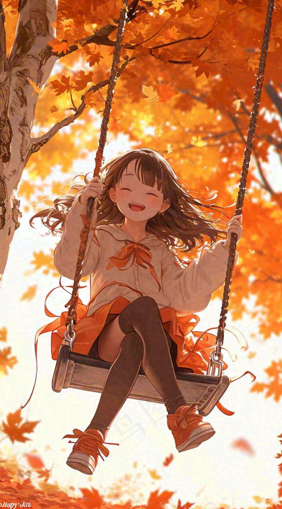 秋天浪漫秋叶儿童少女荡秋千插画，秋分(816x1472)