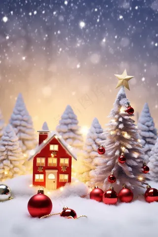 圣诞装饰白雪小房子节日摆件摄影图