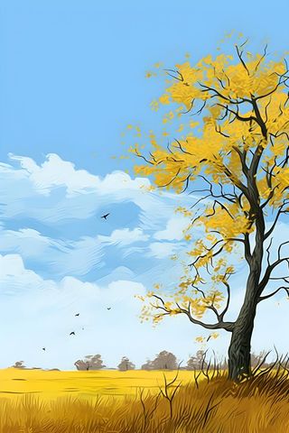 秋天清新天空树林插画黄色背景