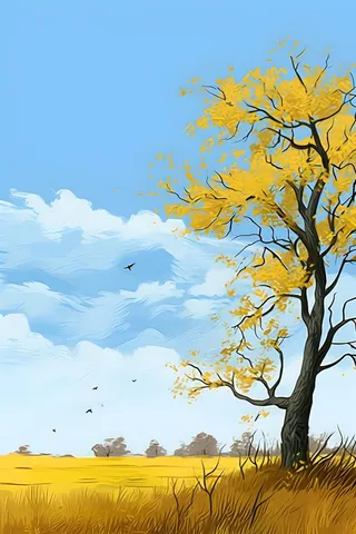 秋天清新天空树林插画黄色背景