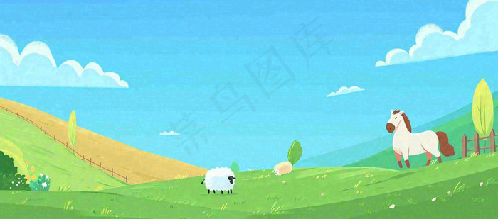 春天卡通扁平插画手绘蓝天绿色草地，春游，郊游，踏青(1632x720)