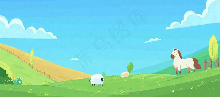 春天卡通扁平插画手绘蓝天绿色草地，春游，郊游，踏青(1632x720)