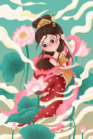 复古中国风国潮神话人物敦煌插画仙女手绘海报背景PSD设计素材