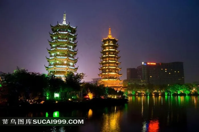 桂林两江四湖日月塔唯美夜景素材