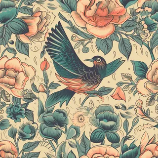 花鸟图，插画风格，无缝贴图，素材