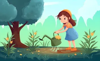 植树小女孩给树浇水大自然插画海报素材背景