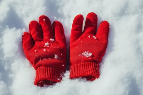 冬天雪地里的红色毛线手套摄影图