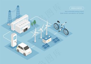 蓝色风力发电绿色环保新能源插画