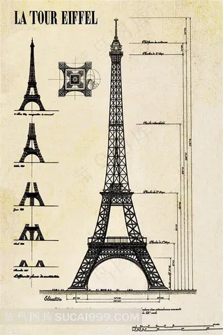 著名建筑埃菲尔铁搭图纸高清图片