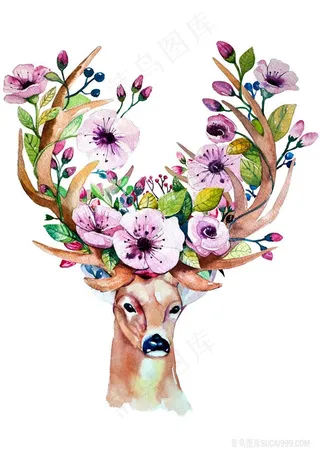唯美紫色花卉麋鹿高清插画