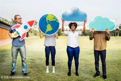 手举火箭地球云朵图板的商务团队