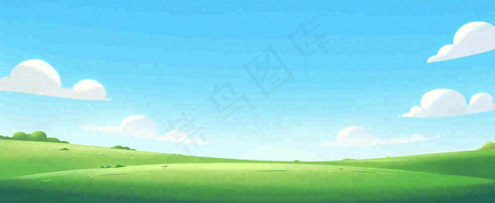 卡通手绘绿色草坡蓝天白云，春天，儿童节，春游，春分