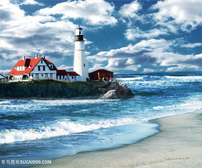 沙滩海景灯塔风景画