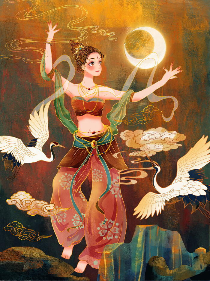 复古中国风国潮神话人物敦煌插画仙女手绘海报背景PSD设计素材