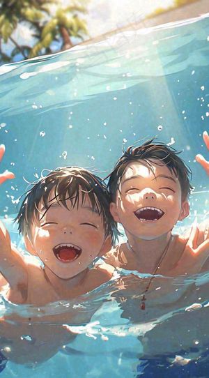 夏天火辣阳光少年游泳清爽插画，夏至夏季小暑大暑暑假