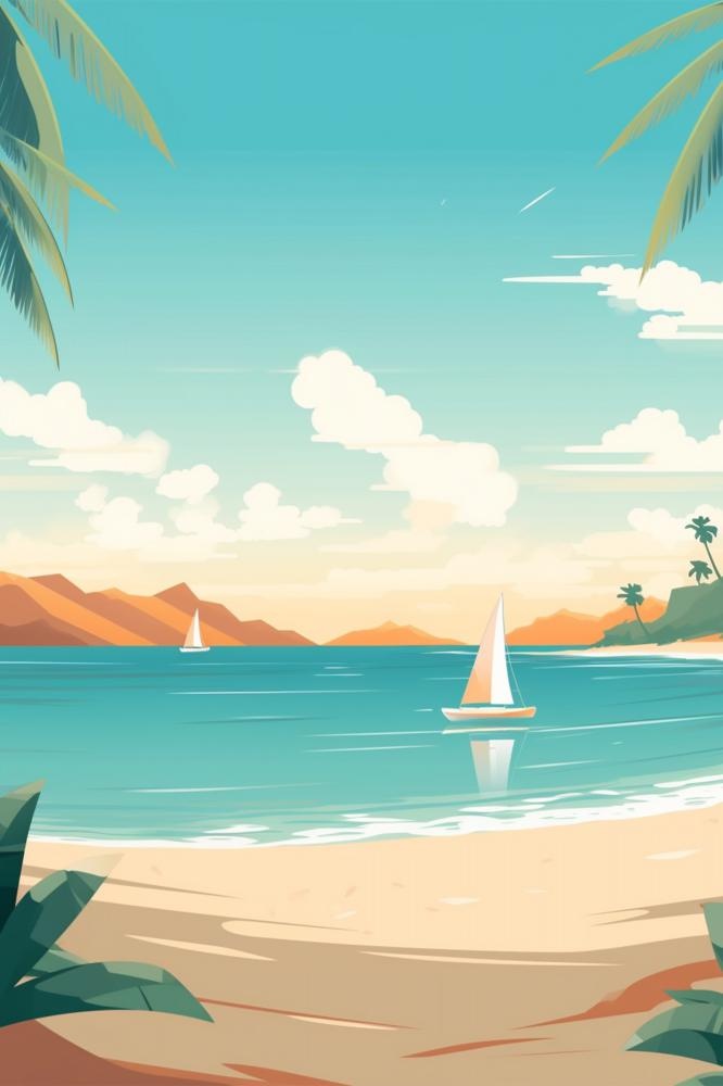 沙滩海边炎热手绘背景