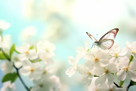 春天李子树花朵上飞舞的蝴蝶摄影图
