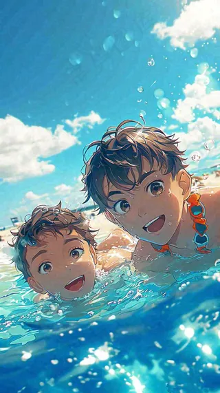 夏天游泳兄弟父子，父亲节父爱，清爽暑期夏至