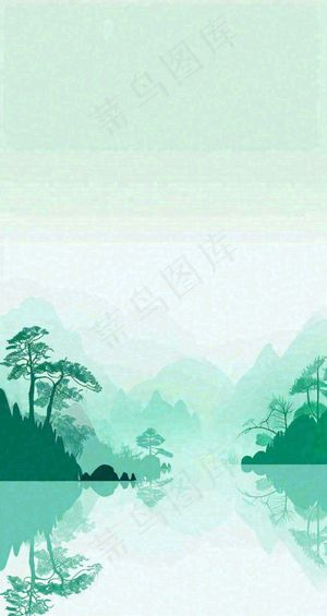 国风意境山水画落日绿色