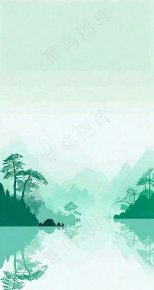 国风意境山水画落日绿色